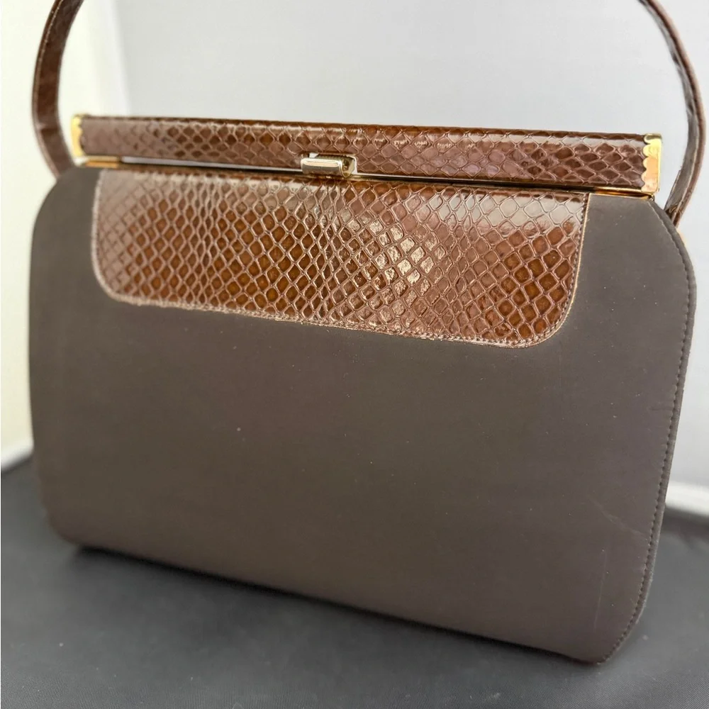 Vintage 1960s Life Stride Brown Snakeskin Embossed Top Handle Bag MCM Structured